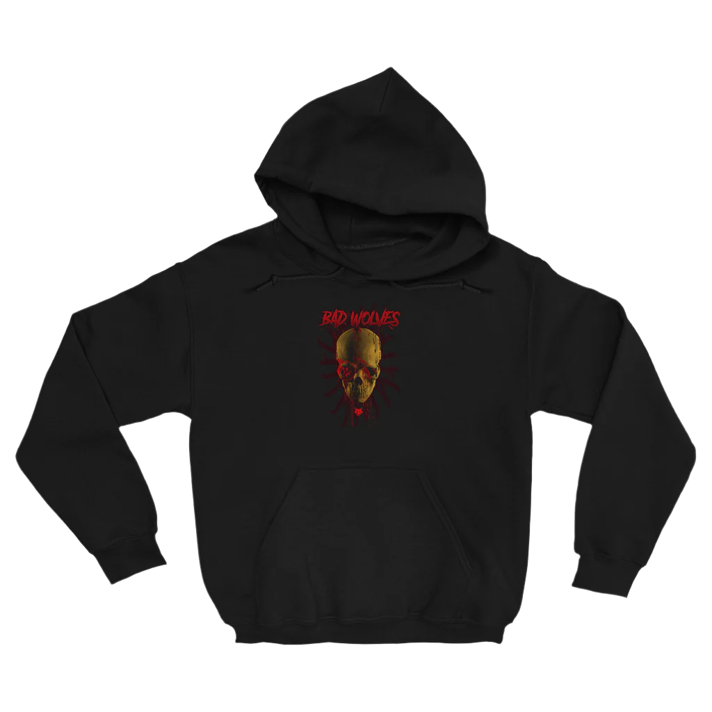 A black unisex hoodie from Bad Wolves with a custom bloody skull artwork on the front.