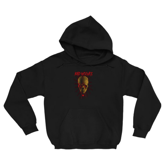 A black unisex hoodie from Bad Wolves with a custom bloody skull artwork on the front.