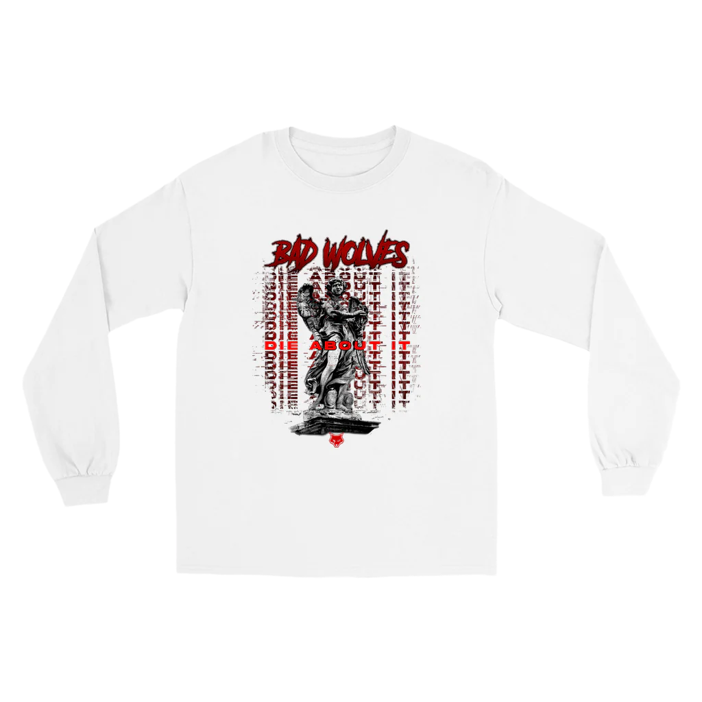 A white long sleeve tee shirt from Bad Wolves with a custom illustration o the front. 